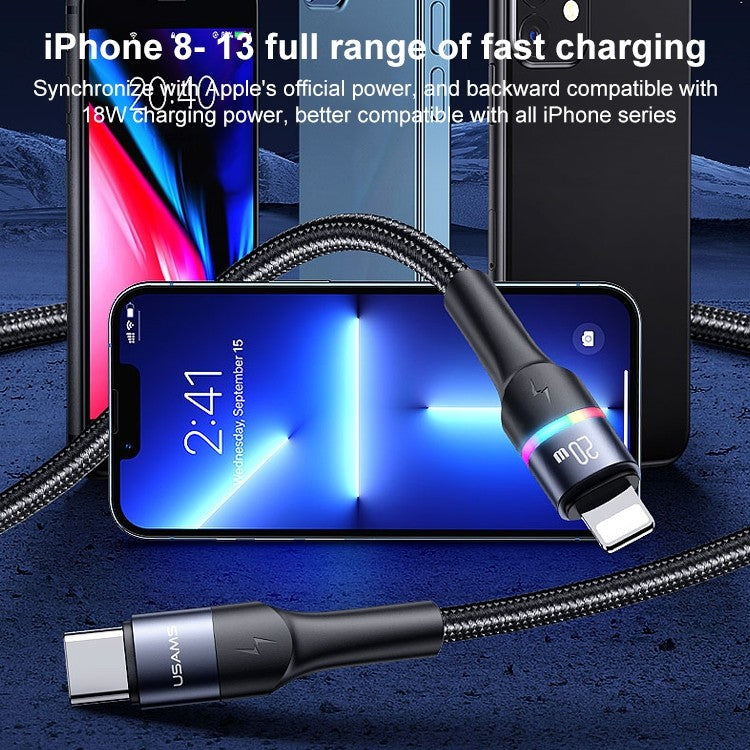 USAMS US-SJ538 U76 Type-C / USB-C to 8 Pin PD Aluminum Alloy Colorful Lights Fast Charging Data Cable, Length: 1.2m (Black)
