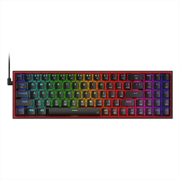 Redragon K628 Pollux RGB gaming keyboard shown from the front, featuring a vibrant rainbow RGB lighting effect across the keys
