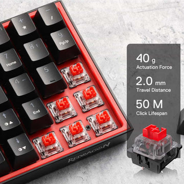 Redragon K628 Pollux mechanical keyboard switch details, including 40g actuation force, 2.0mm travel, and 50M click lifespan