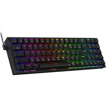 Left-side view of the Redragon K628 Pollux RGB keyboard, showcasing the key layout and colorful RGB backlighting