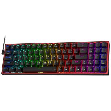 Redragon K628 Pollux RGB gaming keyboard shown from the right, featuring colorful RGB illumination across the keys