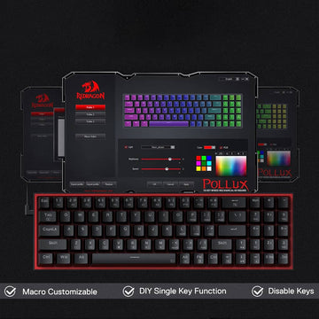 Redragon K628 Pollux keyboard and customization software with macro, key function, and disable features