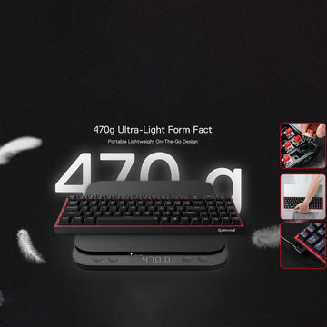 Showcasing the Redragon Pollux keyboard's lightweight design, weighing in at 470g on a scale, emphasizing its portability