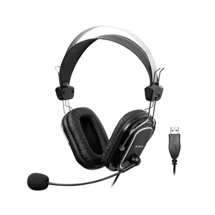 Black and white gaming headset with USB cable on a white background