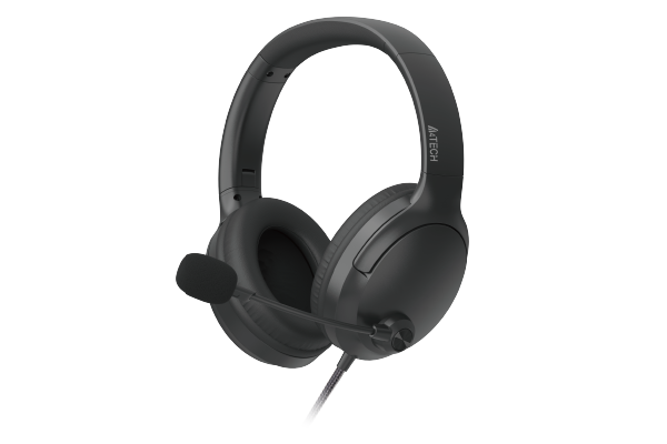 Black gaming headset with microphone on a white background