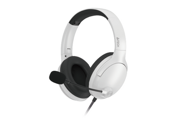 White gaming headset with black accents on a white background