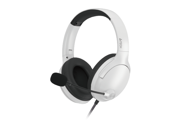 White gaming headset with black accents on a white background