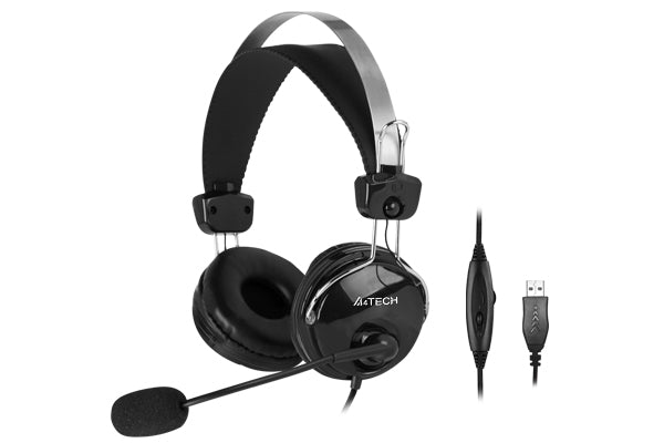 Black headset with microphone and USB cable on a white background