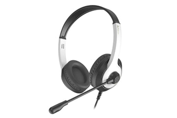 Black and silver headset with a microphone on a white background