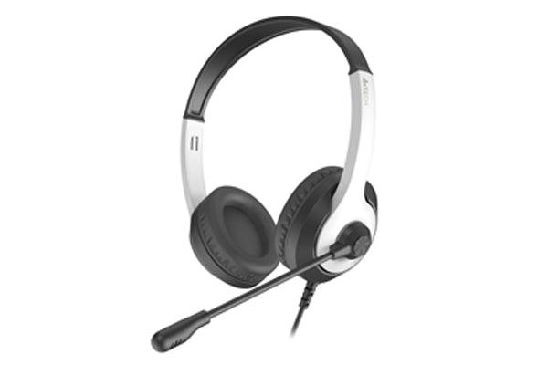 Black and silver headset with a microphone on a white background