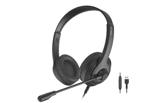 Black headset with microphone on a white background