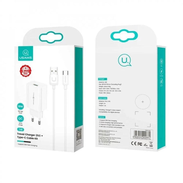 MZP Usams T48 Travel Charger Kit 18W (T22 Single USB QC3.0 Charger EU+Uturn Type-C Cable 1M) White