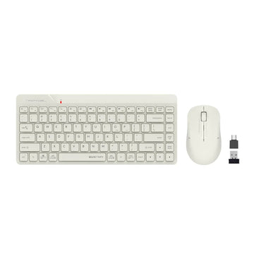 Beige FSTYLER wireless mini keyboard and ergonomic mouse set.