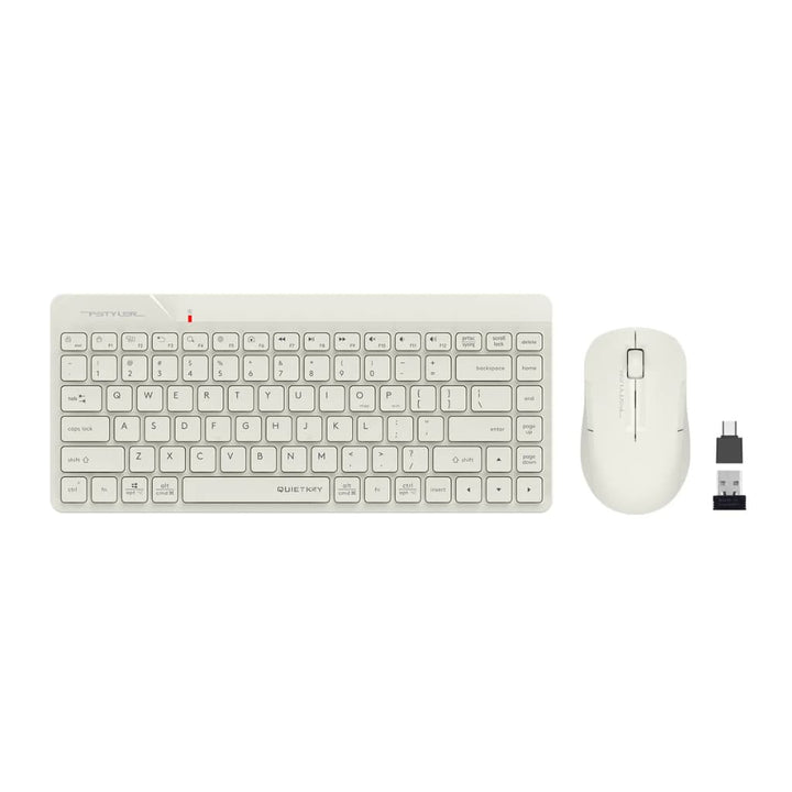 Beige FSTYLER wireless mini keyboard and ergonomic mouse set.