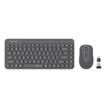 Wireless gray keyboard with circular keys and matching mouse.