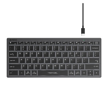A sleek dark gray compact keyboard with white backlit keys.