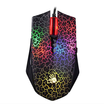 Bloody A70 Crack Light Strike Gaming Mouse with intricate crackle pattern and vibrant RGB lighting