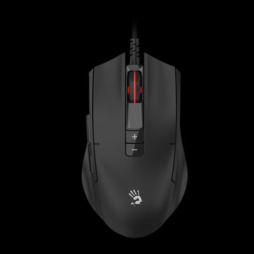 Black gaming mouse with a visible brand logo on a white background