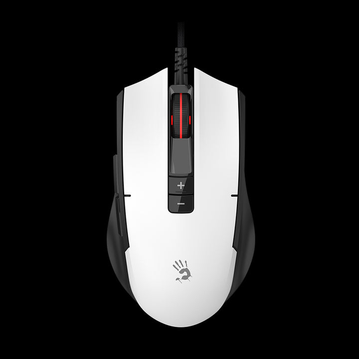White gaming mouse with black accents on a white background
