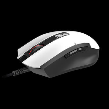 Gaming mouse with white and black design on a black background