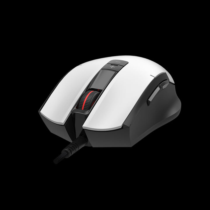 Gaming mouse with white and black design on a clear background
