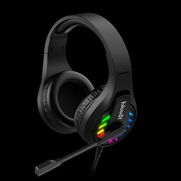 Black gaming headset with RGB lighting on a black background
