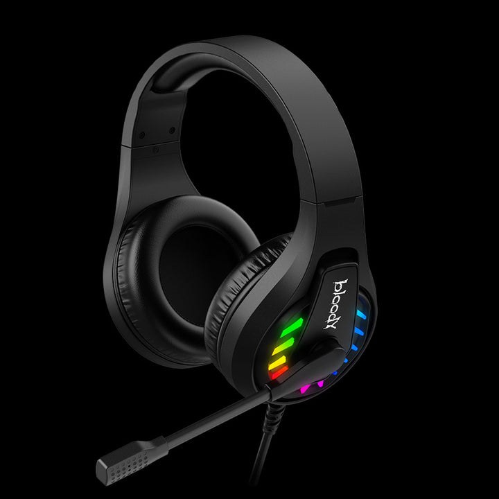 Black gaming headset with RGB lighting on a black background