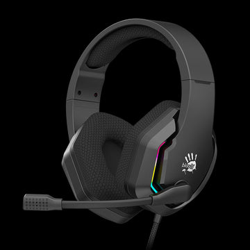 Black gaming headset with RGB lighting on a black background