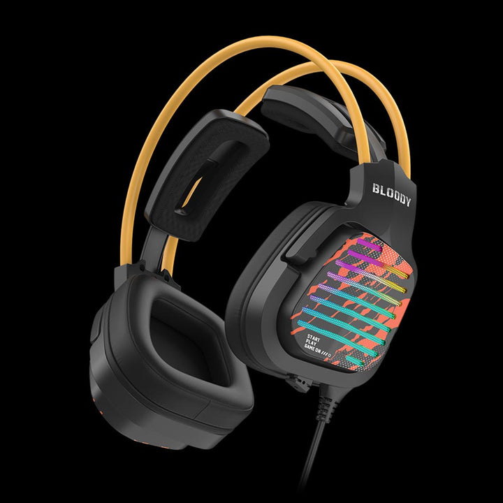 Black gaming headset with colorful design on a black background