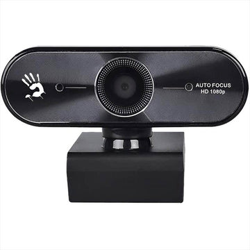 Black webcam with auto focus and HD 1080p text on a white background
