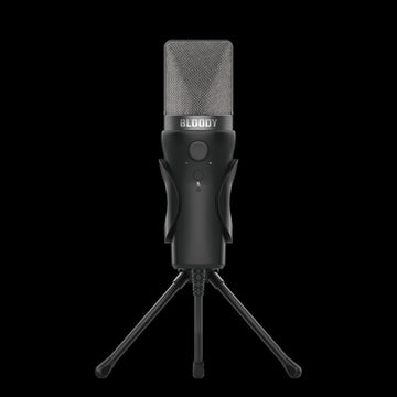 Black studio microphone on a stand with 'BLOODY' branding against a white background