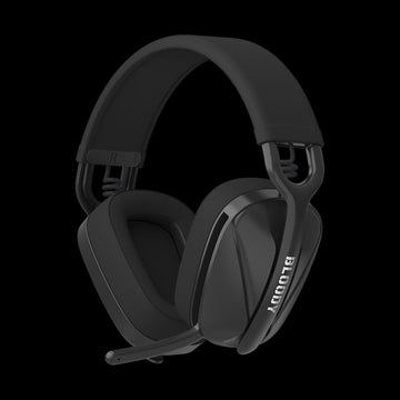 Black gaming headset with a microphone on a transparent background