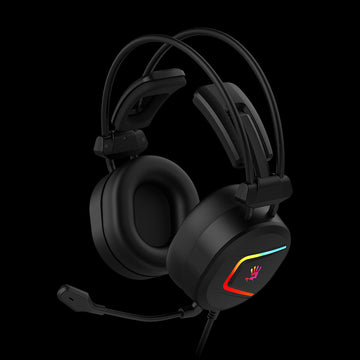 Black gaming headset with RGB lighting on a black background