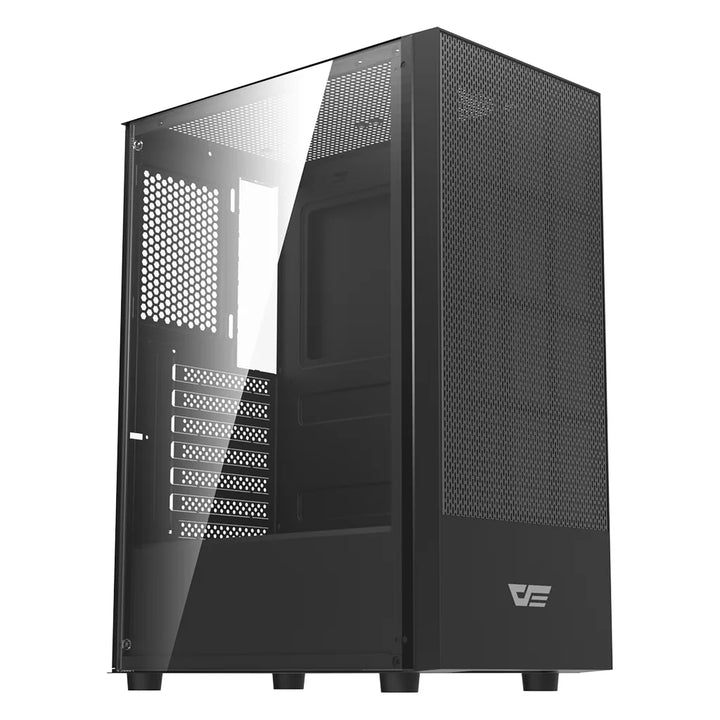 Darkflash A290 Black computer case with a glass side panel on a white background