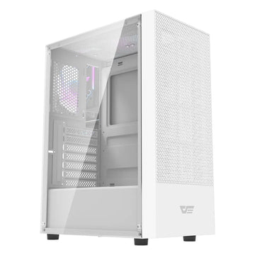 Darkflash A290 White computer case with mesh side panel on a white background