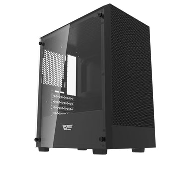 A305 Black computer case with a clear side panel on a white background