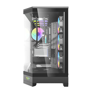 Darkflash DQX90 Black Gaming computer case with RGB lighting on a white background