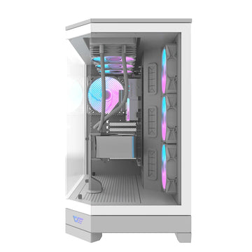 Darkflash DQX90 White computer case with RGB lighting on a white bacbackgroundground