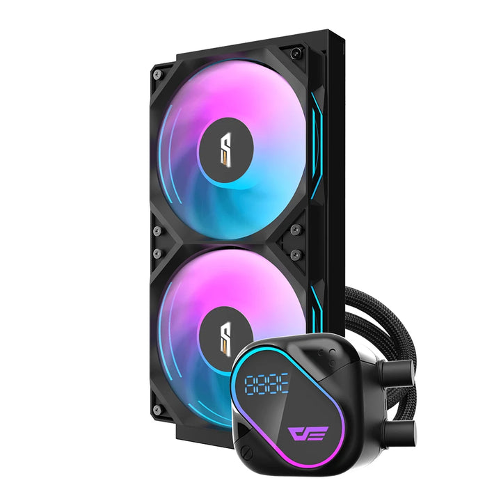 Computer cooling system with dual RGB fans and a power connector on a white background