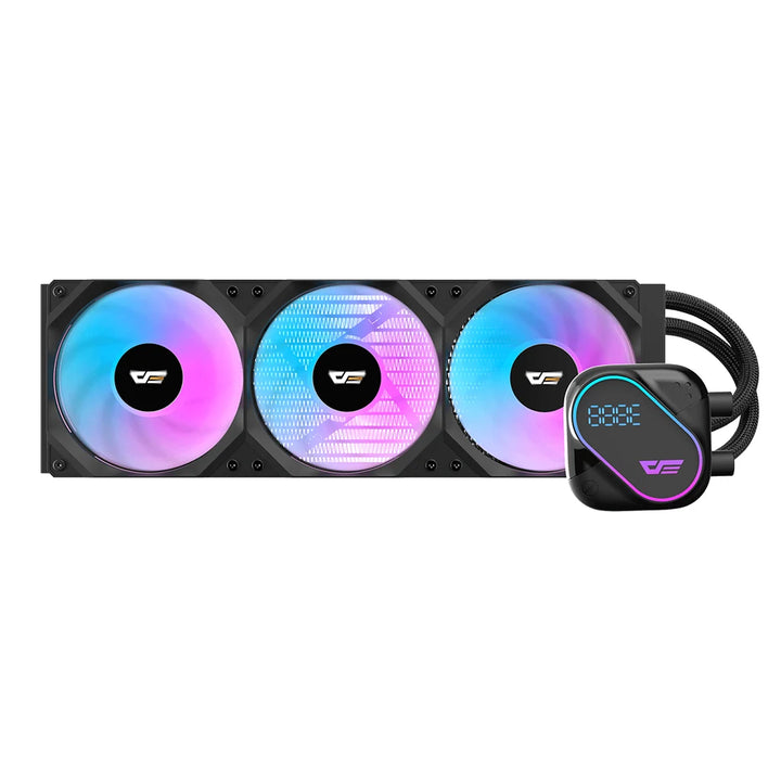 Computer cooling system with three RGB fans and a pump on a white background