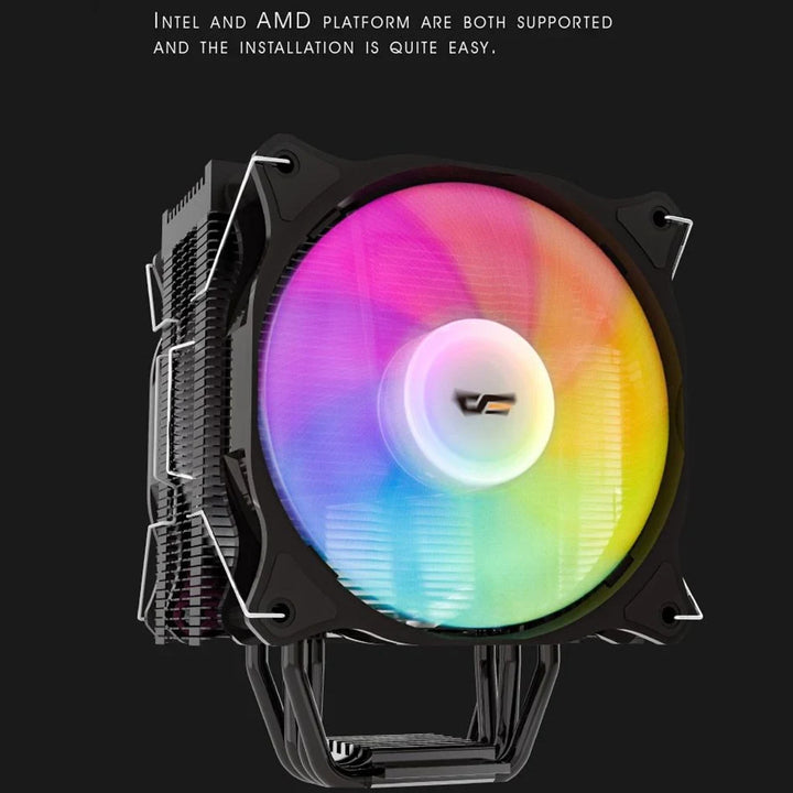 Computer cooling system with RGB LED fan on a black background