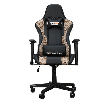 Gaming chair with camouflage pattern and darkFlash branding on a white background