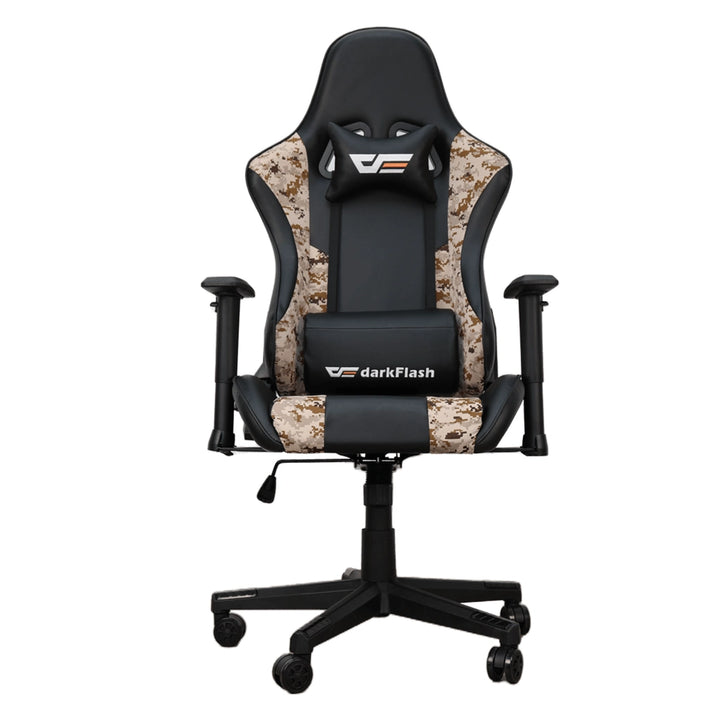Gaming chair with camouflage pattern and darkFlash branding on a white background