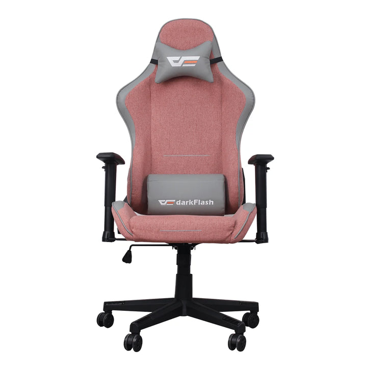 Gaming chair with pink and gray design on a white background