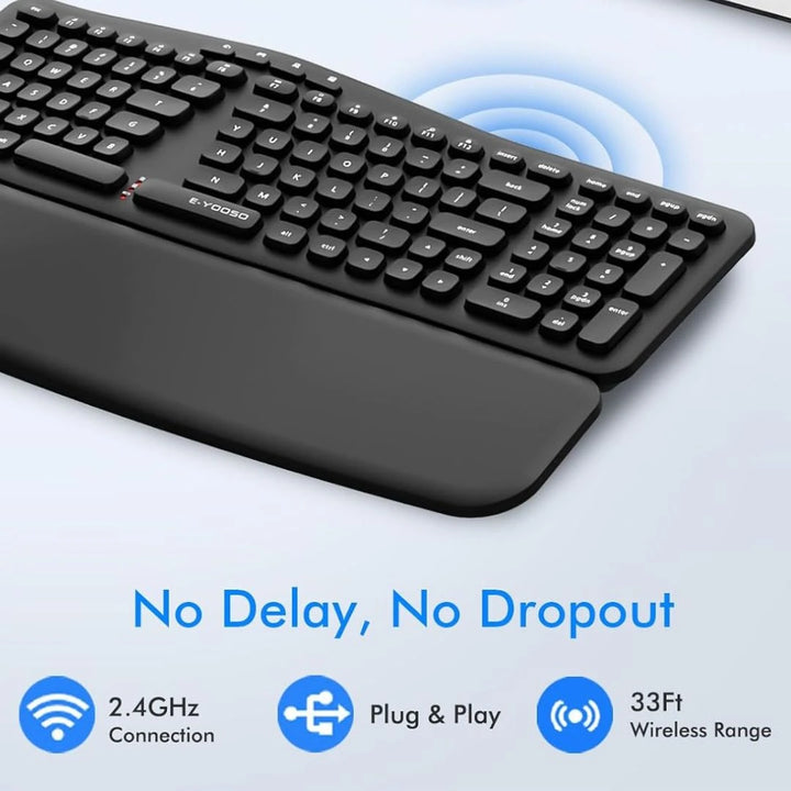 E-YOOSO E-757 Wireless Ergonomic Keyboard with Split Design, Detachable Wrist Rest & Multimedia Hotkeys