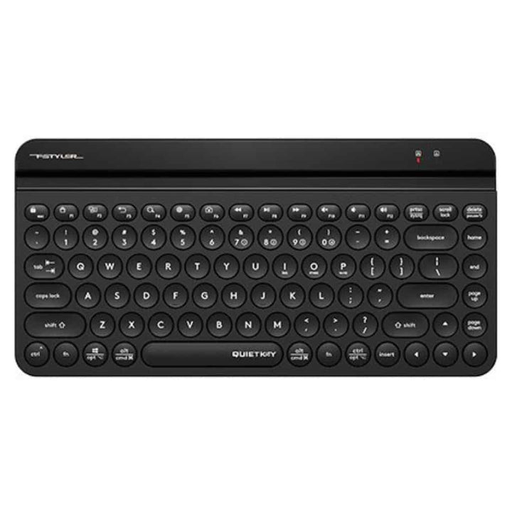 Black wireless mini keyboard with rounded keys.
