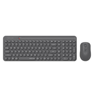 Wireless dark grey keyboard and mouse set.