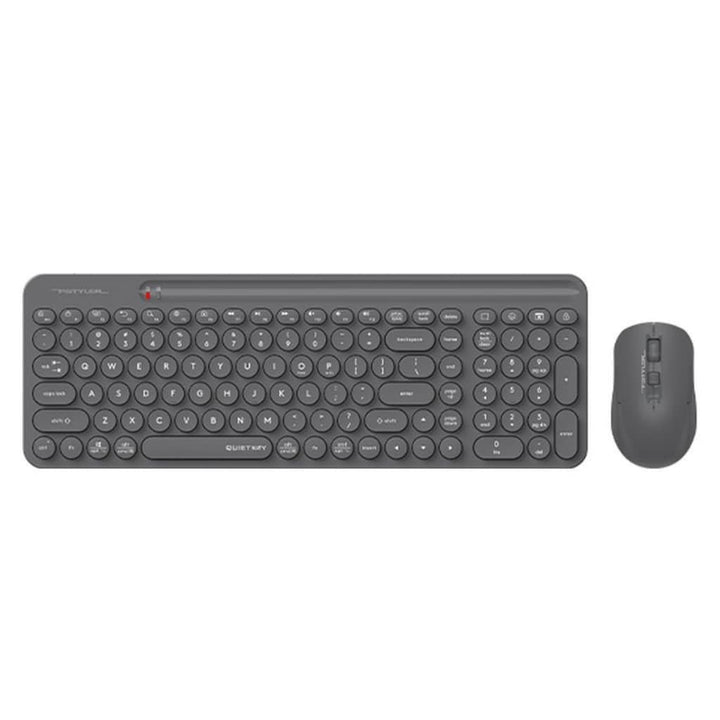 Wireless dark grey keyboard and mouse set.