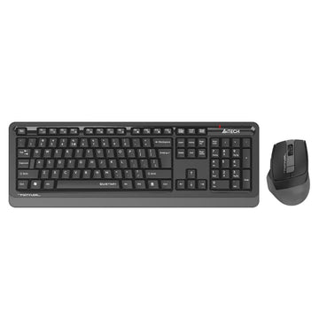 A wireless black A4Tech keyboard and mouse set.