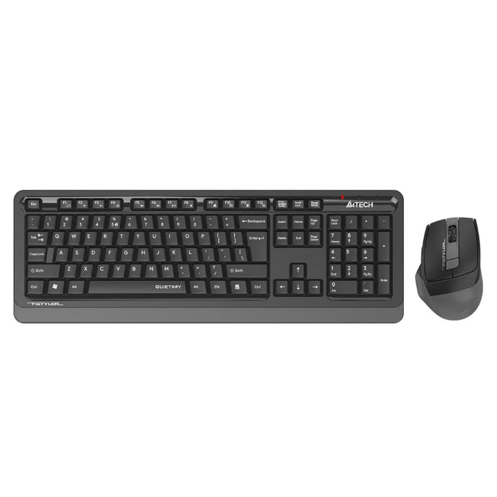 A wireless black A4Tech keyboard and mouse set.